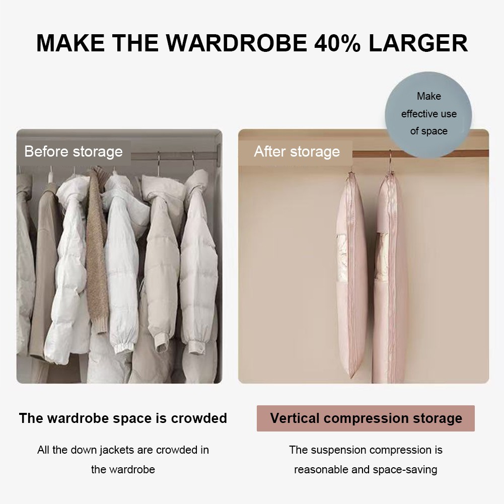 Space Saving Hanging Garment Bag w/ Self Compression Zipper Storage Bag(Pink L)