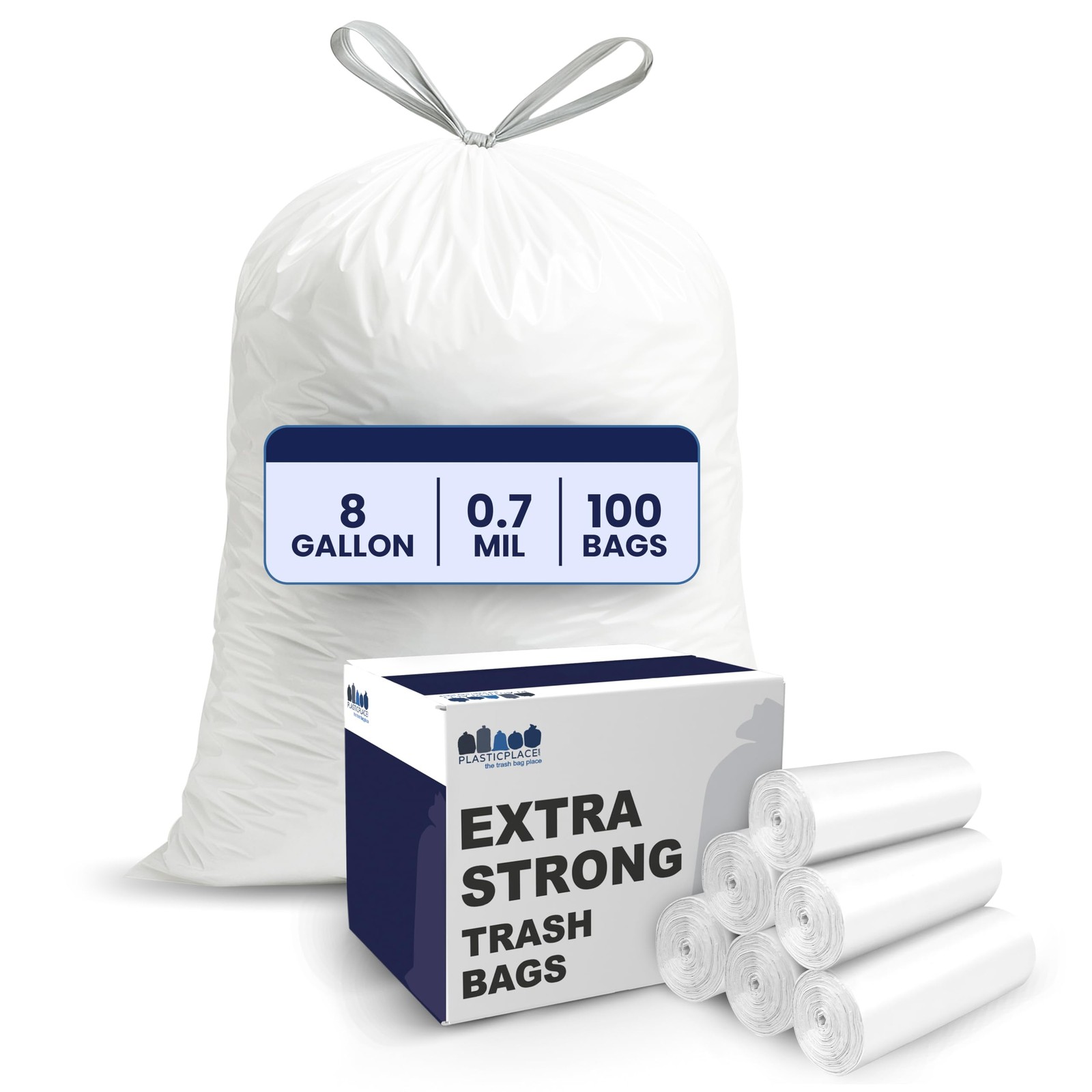 8 Gallon Trash Bags White Drawstring Garbage Liners 0.7 Mil 100 Count