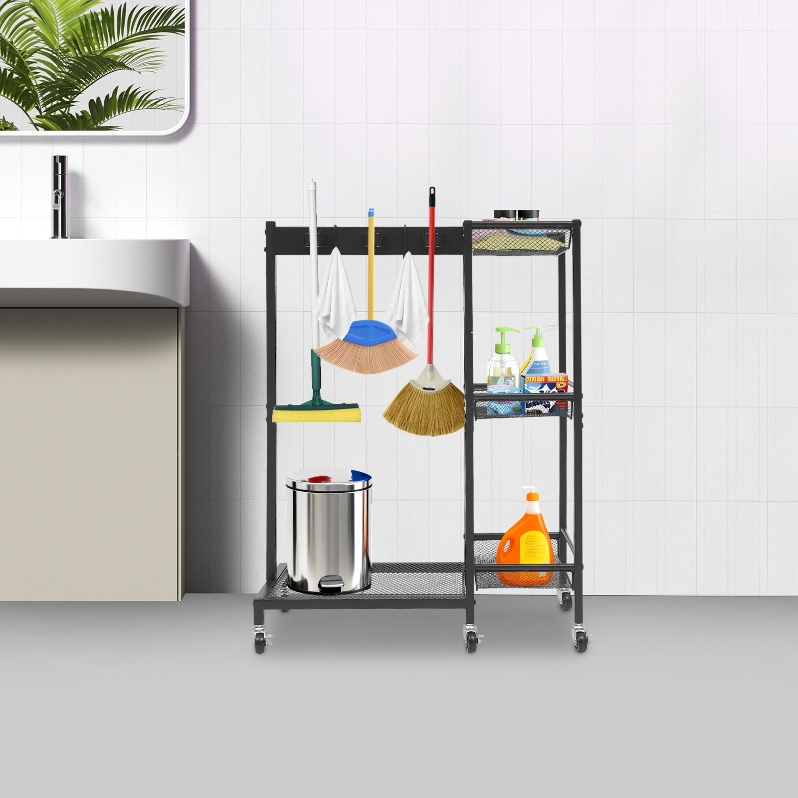 Mobile Cleaning Trolley Cart with Wheels 25.6×11.8×33.5 Inch for Home Office