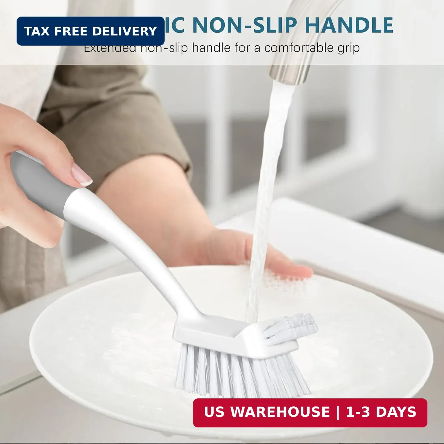 3 Pack Dish Brush Set, Long Handle Kitchen Scrub Brush, Gray | Built-In Scraper