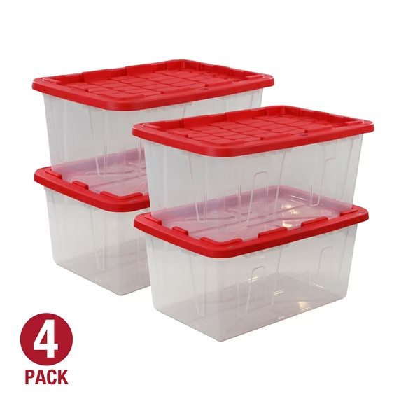 Hyper Tough 4pk 27gal Clear Tote Red Snap Lid Heavy Duty