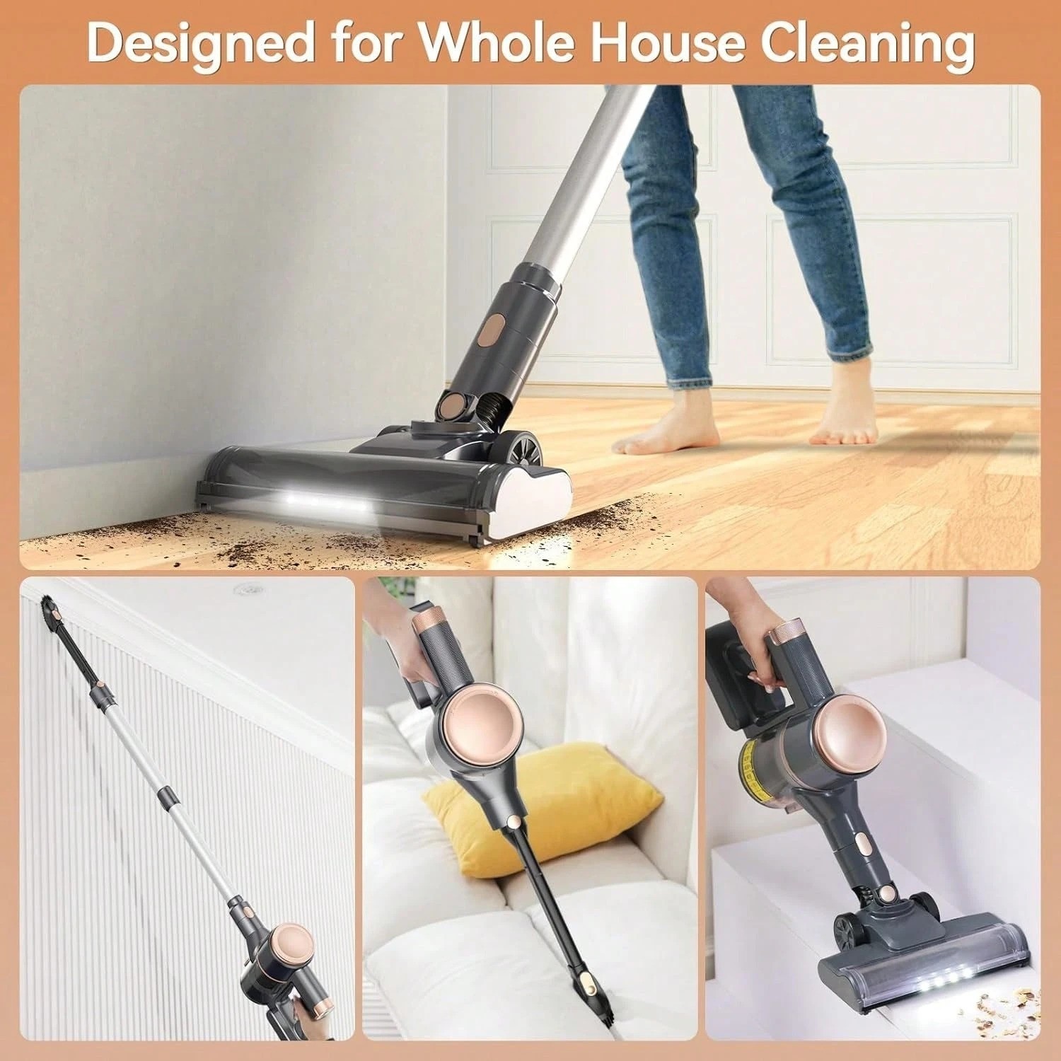 New Cordless Stick Vacuum 40-Min Runtime Self-Standing Gold 110V