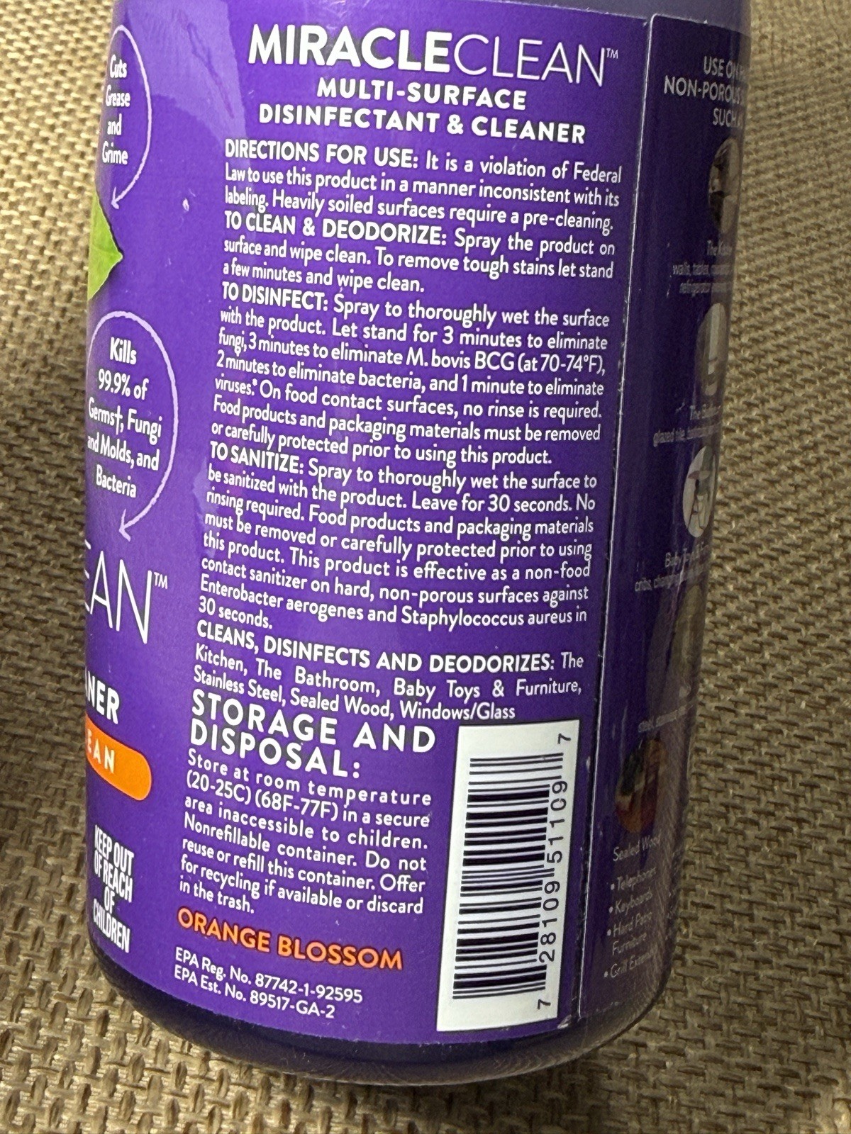 Joy Mangano Miracle Clean ORANGE BLOSSOM Surface Cleaner Disinfectant 28 Oz