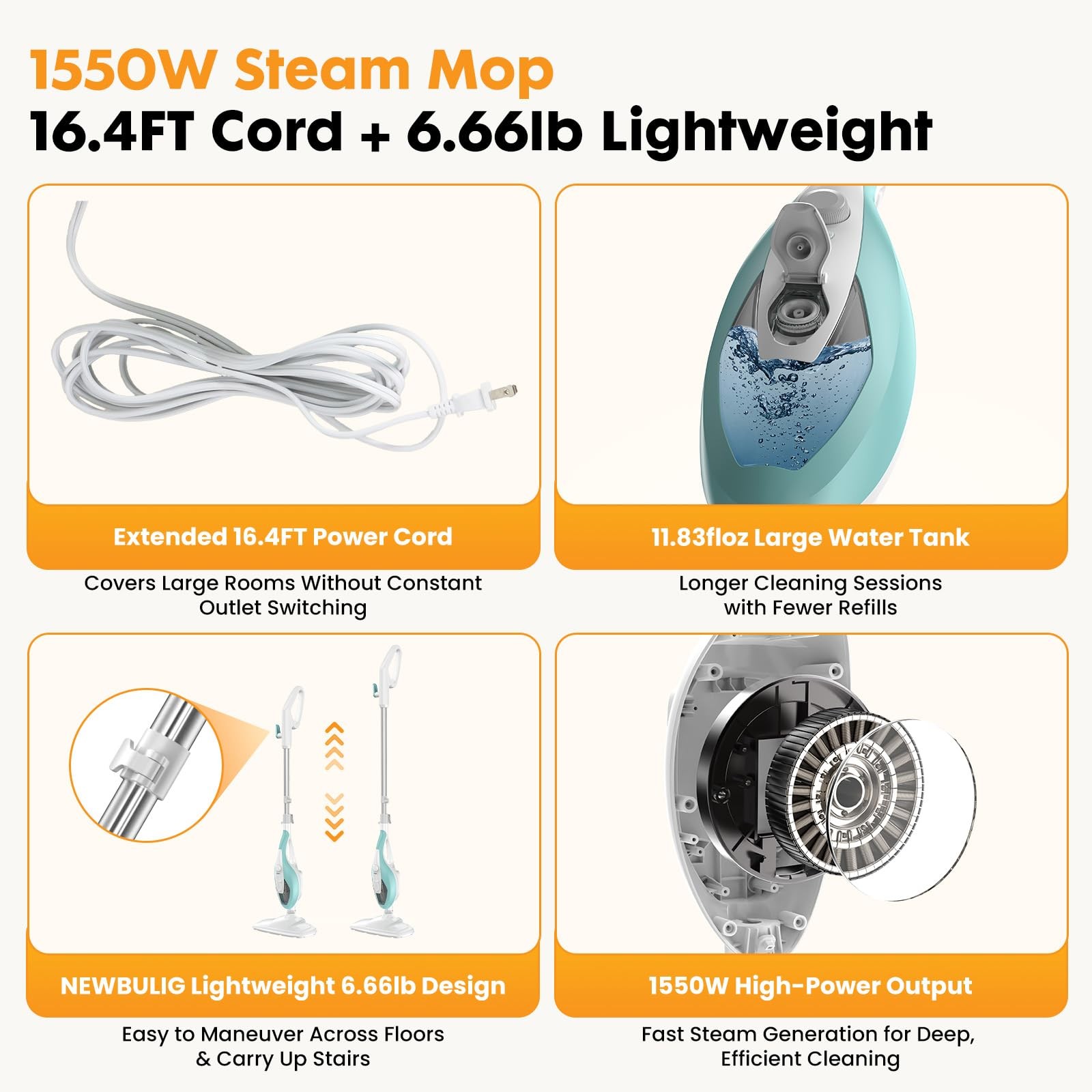 NEWBULIG 14-in-1 Steam Mop, Powerful Detachable Handheld Steam Cleaner for Fl…