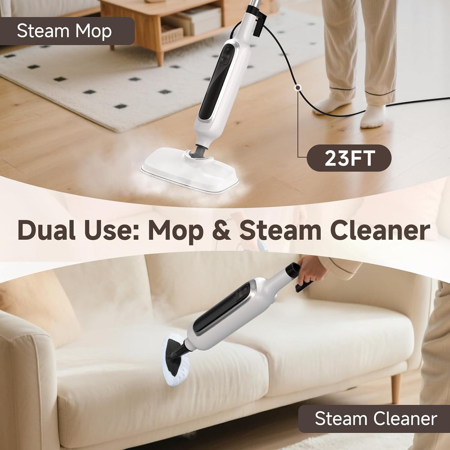 12-in-1 Steam Mop, Detachable Handheld Steam Cleaner for Home, 23FT Cord, 3 S…