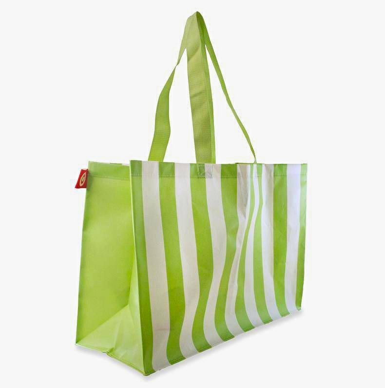 Green/White Stripe Reusable Shopping Bag Polypropylene Foldable Large 20x15cm