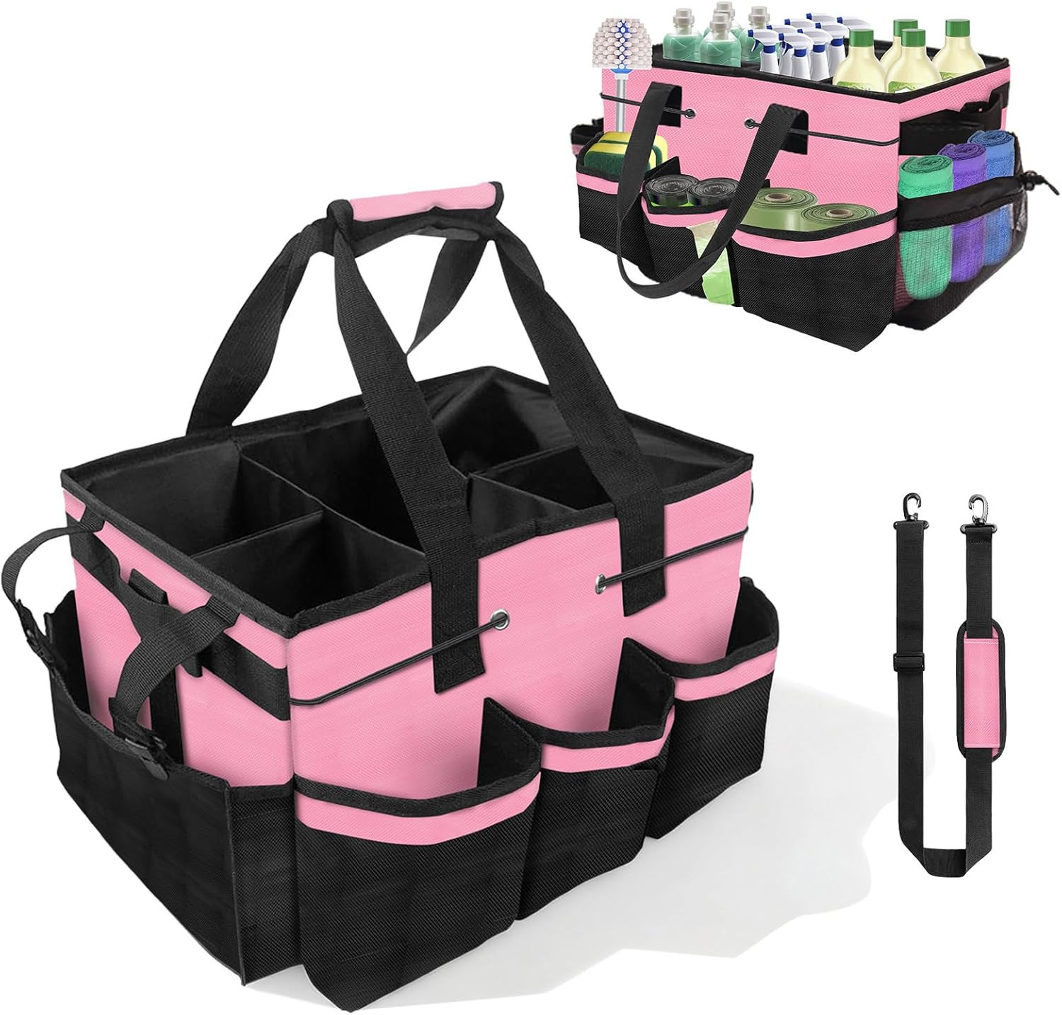 Large Cleaning Caddy Bag – Cleaning Supply Organizer Bag with Handle & Adjustabl