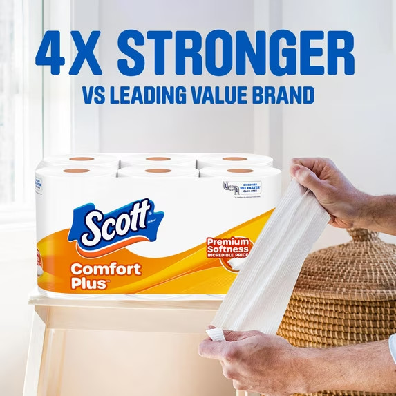 4 Pack Scott ComfortPlus Toilet Paper with 12 Mega Rolls Tissue