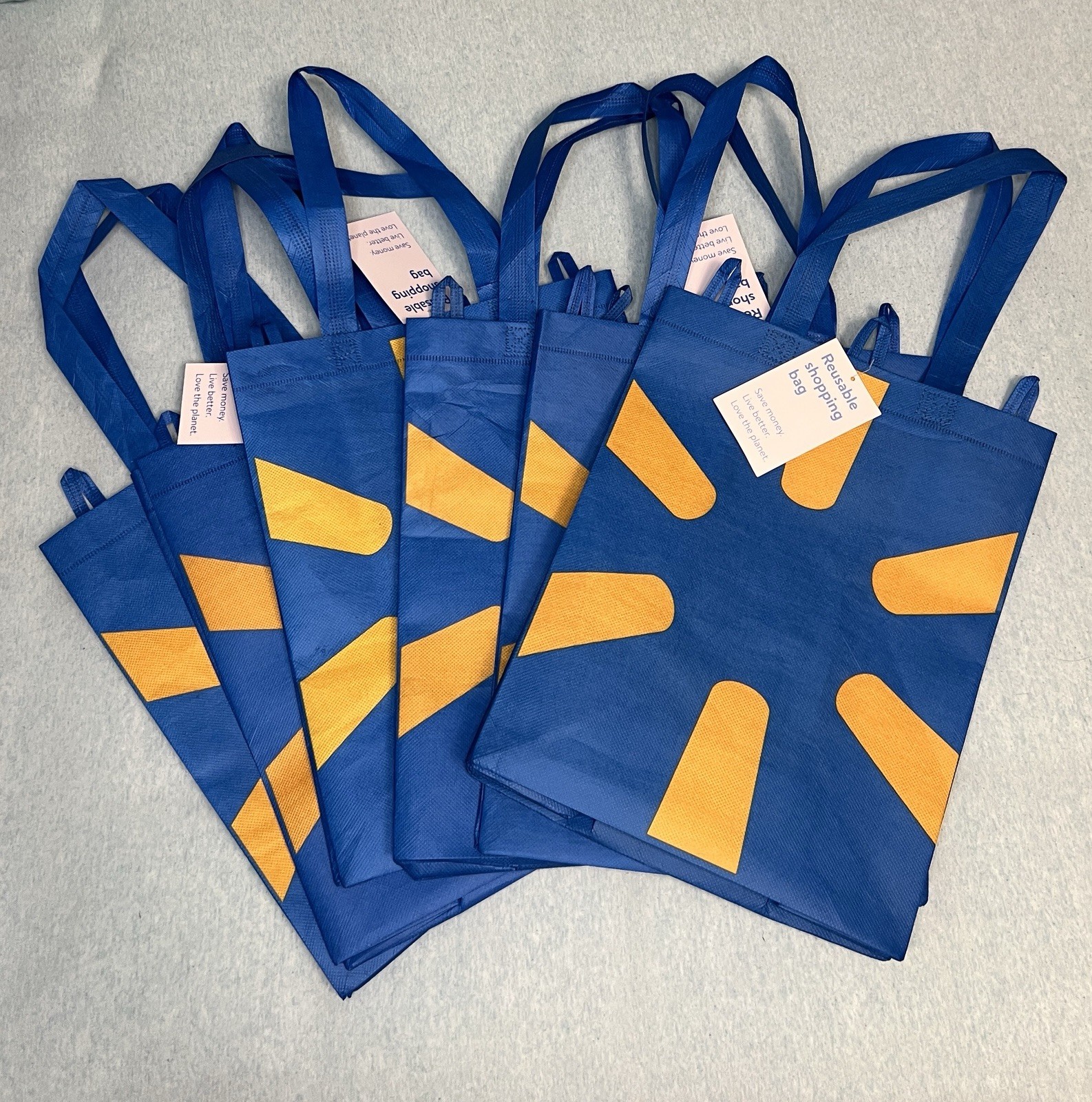 Set of 6 Reusable Walmart Tote Shopping Bags Blue w/ Yellow Logo 11.5”x14” NEW
