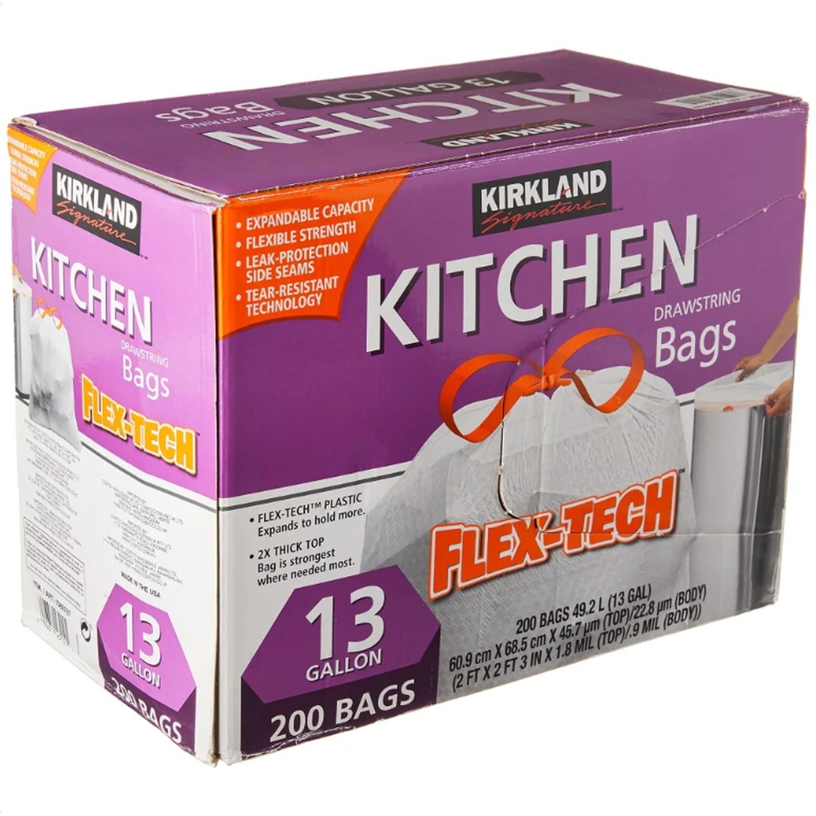 Kirkland Signature 13 Gal Flex Tech Kitchen Trash Bags 200 Ct Drawstring Tall