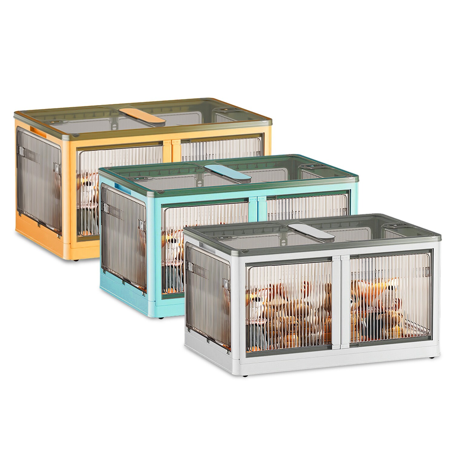 3 Pack Collapsible Storage Bins w/ Lids 4 Wheels Doors Lock Stackable Closet Box