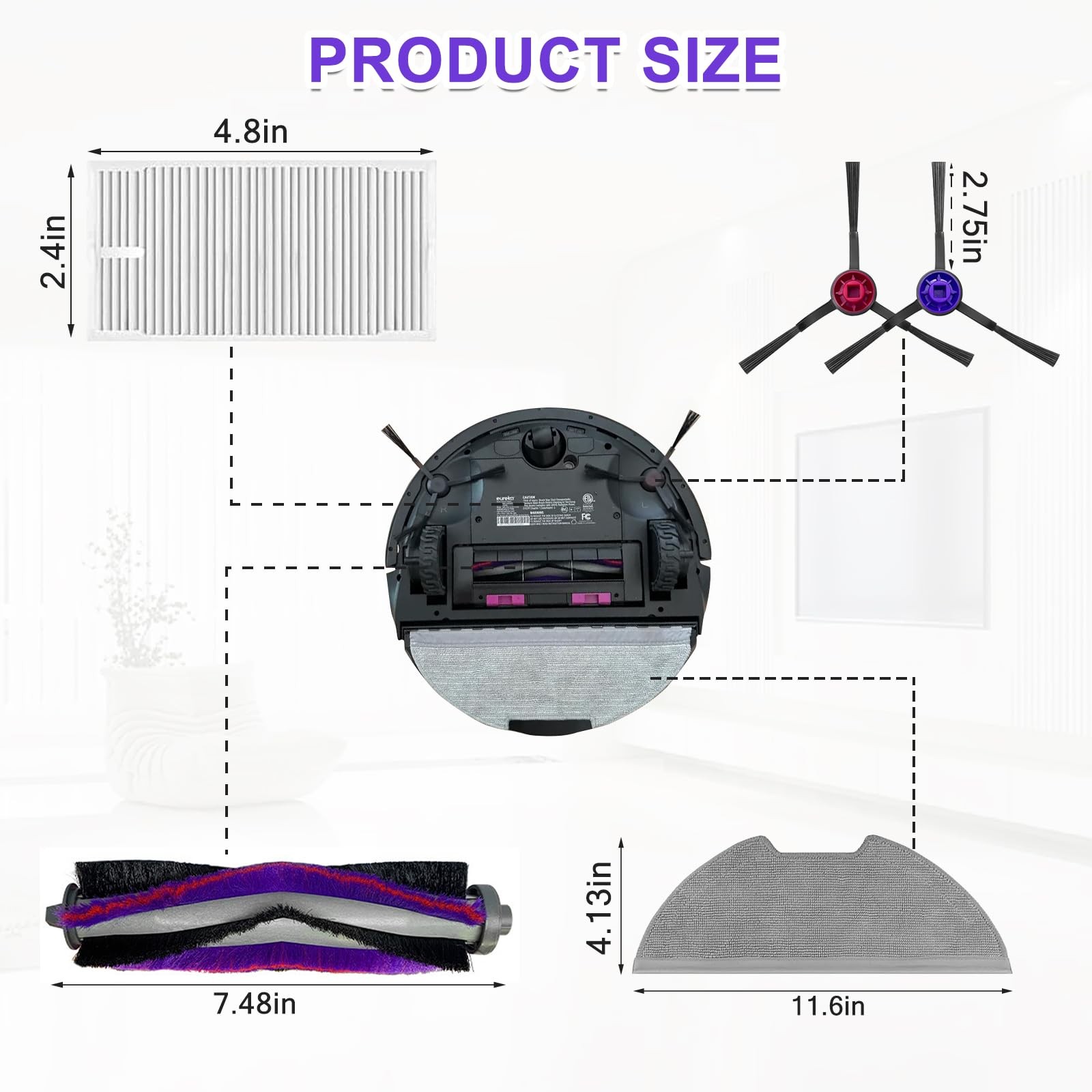 Parts Kit for Eureka E10s/E20 Plus Robot Vacuum Cleaner,1 Main Roller Brushes…