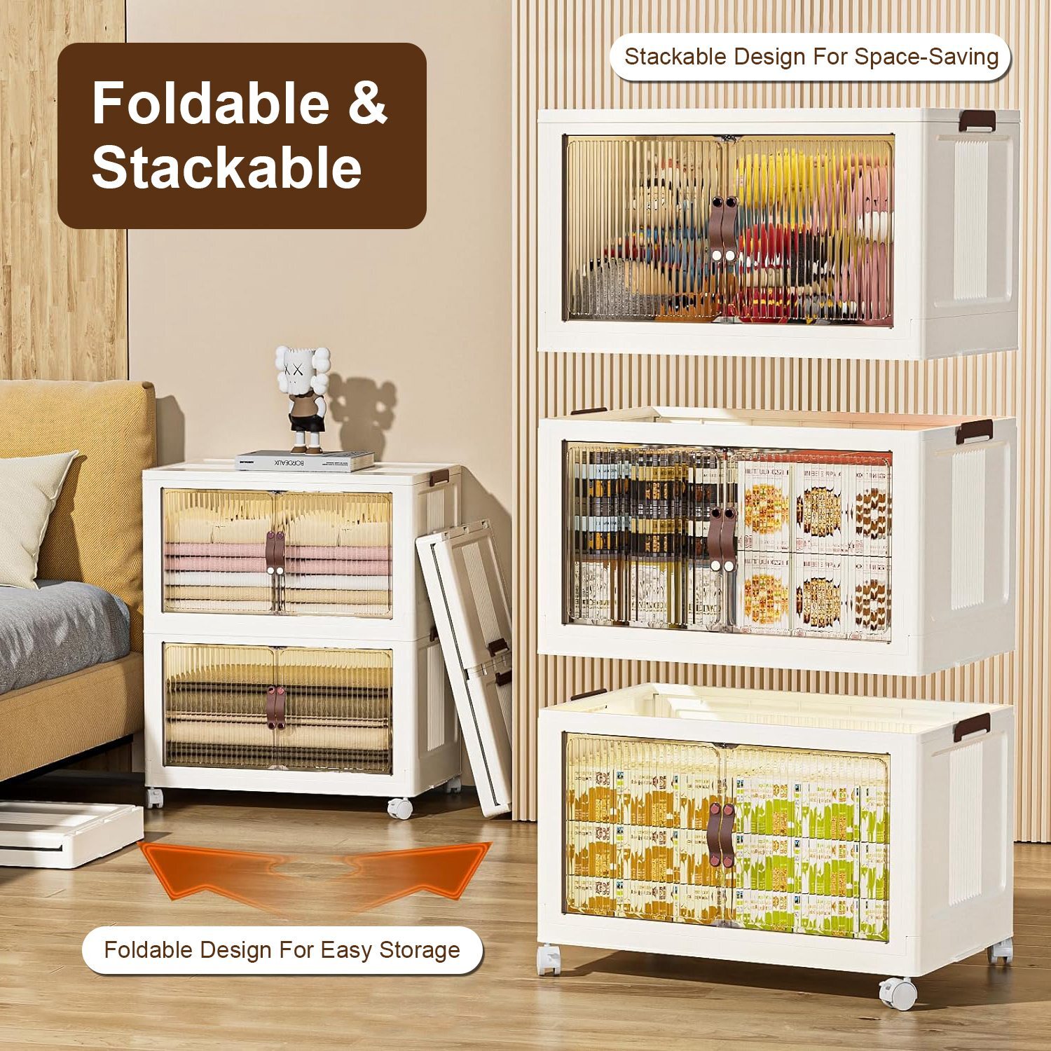 3 Pack Stackable Storage Bins with Wheels & Lids Magnetic Door Plastic Container