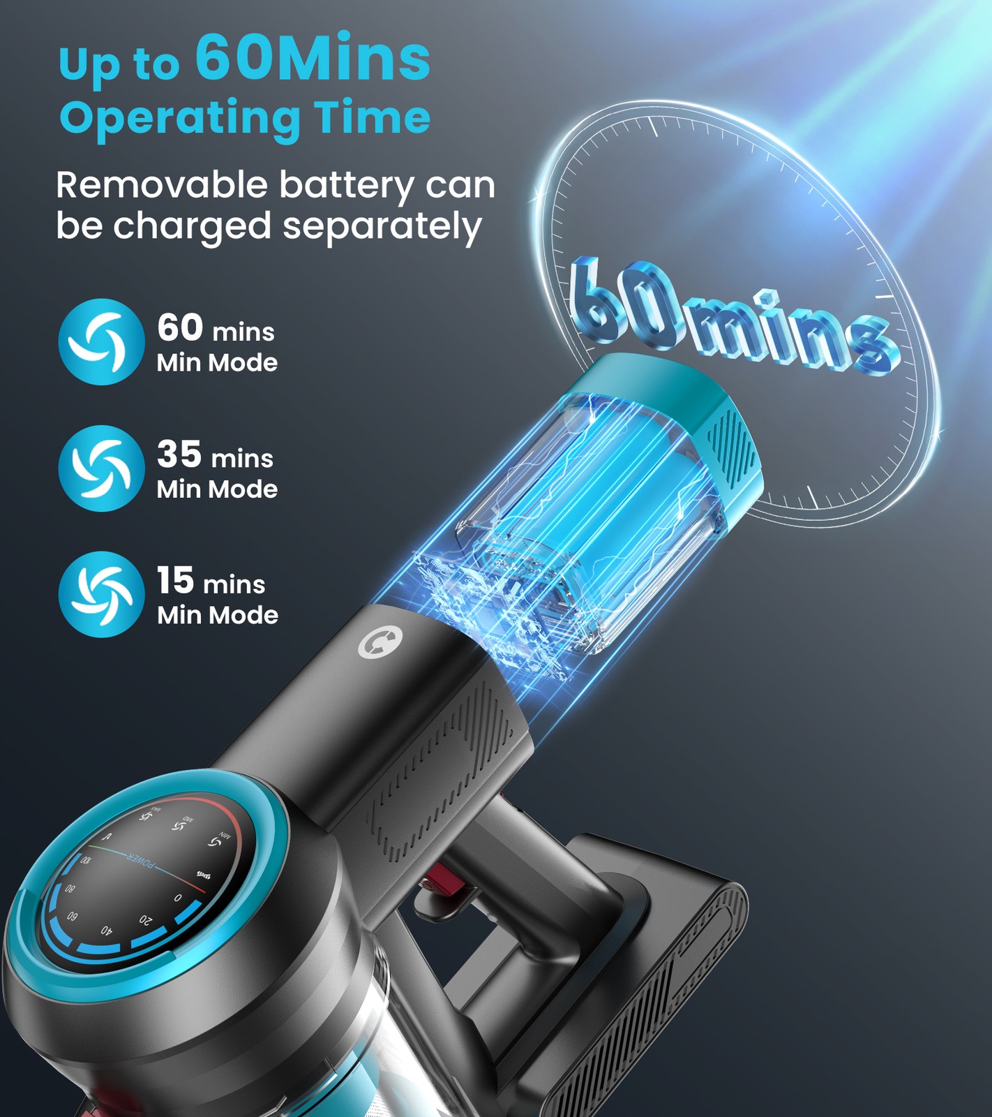 Cordless Vacuum Cleaner 55KPa 550W 60min Self-Standing Stick Carpet Floor Clean