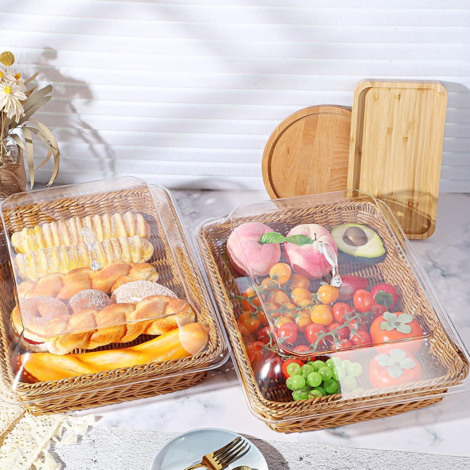 2 Pack Wicker Large Bread Basket with Acrylic Lid Housewarming Woven