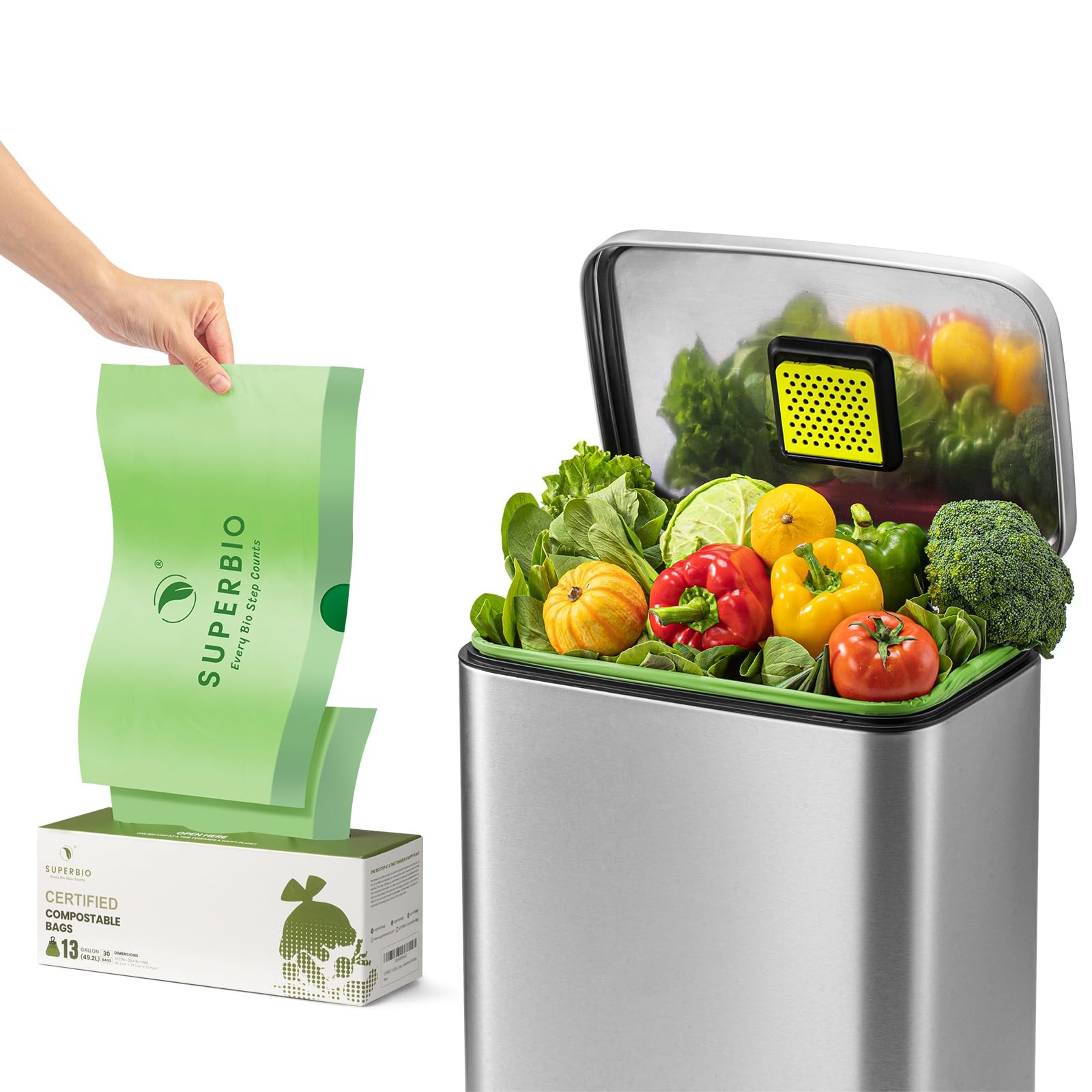 Best SUPERBIO 13 Gallon Compostable Drawstring Kitchen Waste Bag, 49.2 Liter, 30