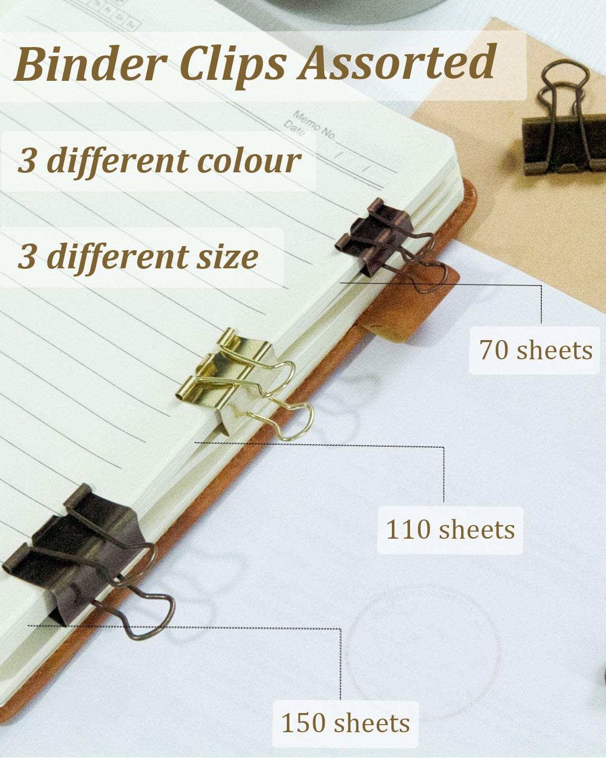 Assorted Binder Clips 0.75/1/1.25in assorted (0.75in, 1in, 1.25in), Gold
