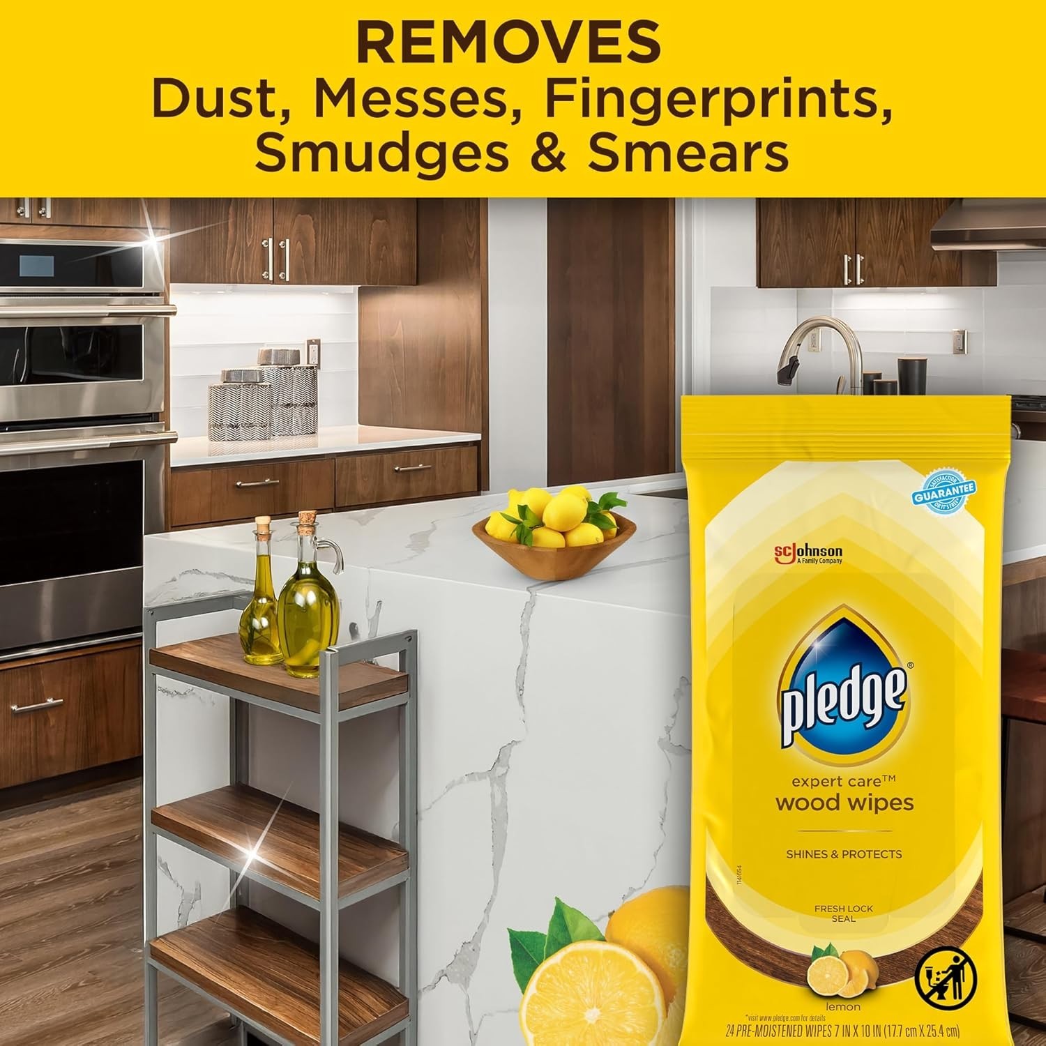 Pledge Expert Care Enhancing Wood Wipes, Lemon Scent, 24 Count