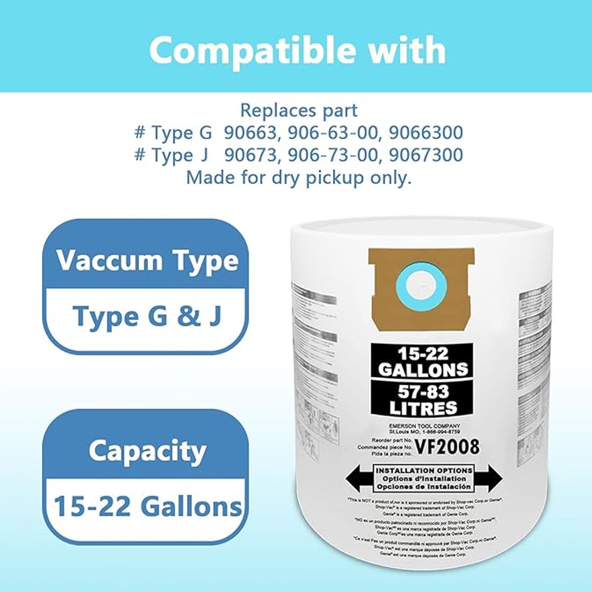 For Shop Vac Bags 15-22 Gallon Type G 90663 9066300 Type J 90673 9067300 VF2008