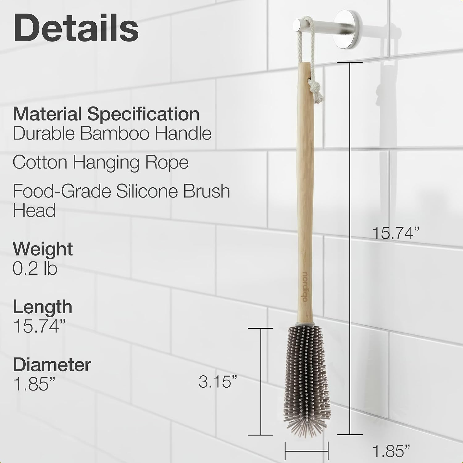 16″ Extra Long Bamboo Bottle Brush with Plastic-Free Silicone Head | Cleans