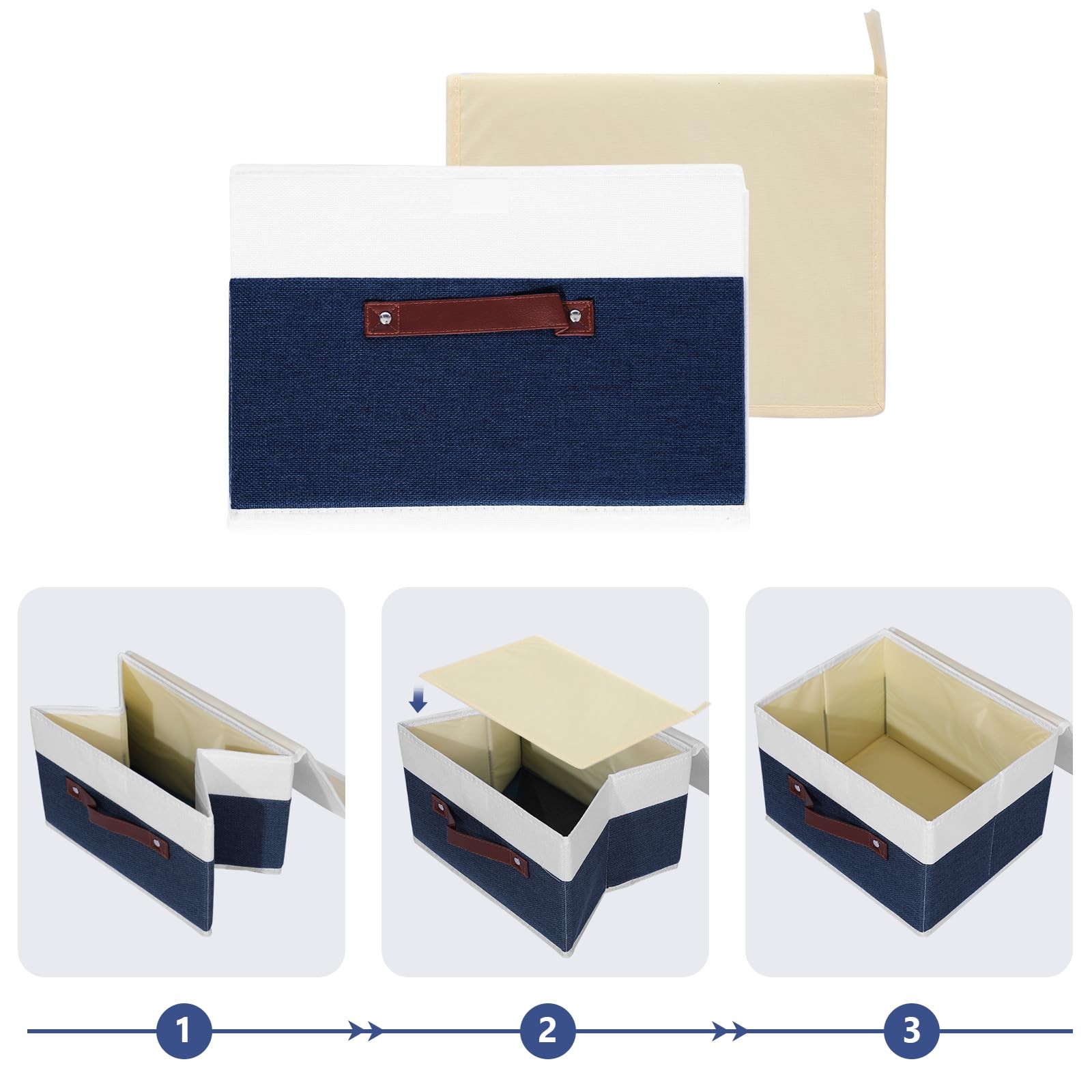 Large Deep Blue White Foldable Linen Fabric Storage Box Lid Leather Handle