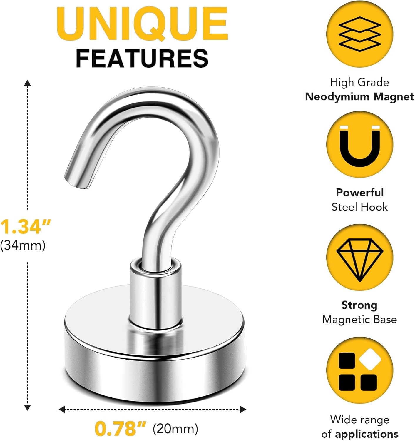 DIYMAG Magnetic Hooks, 50 LB Heavy Duty Magnet with 20Pack 50Lbs+, Silver