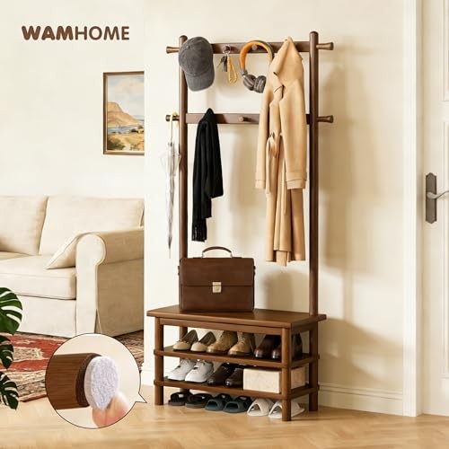 ** NEW Entryway Bench Rack | 3-in-1 Organizer | 11 Hooks | Solid Wood | Brown