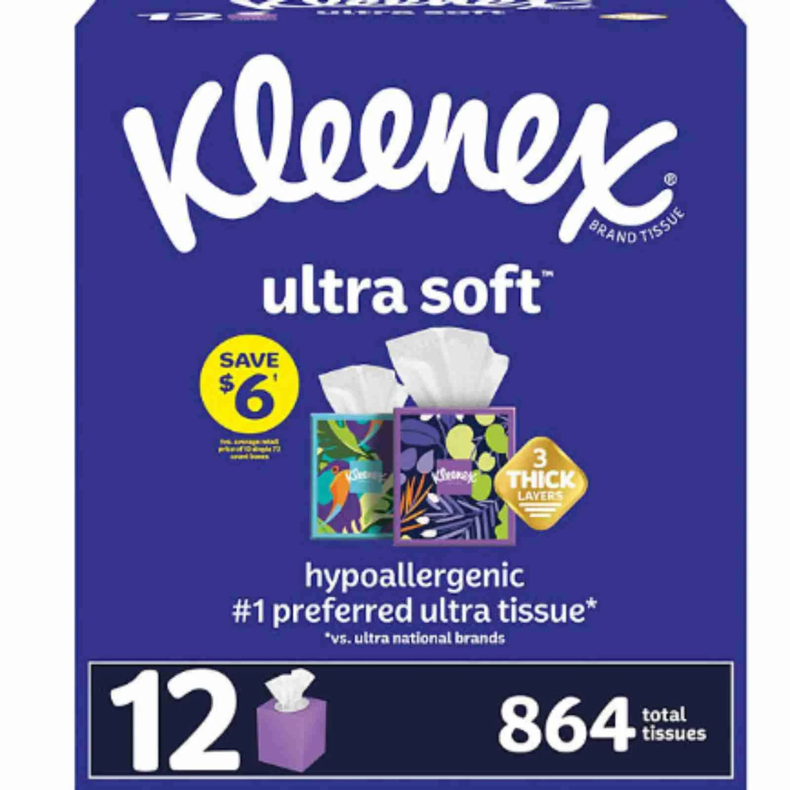 Kleenex Ultra Soft 3-Ply Facial Tissues, Cube Boxes (72 tissues/box, 12 boxes)