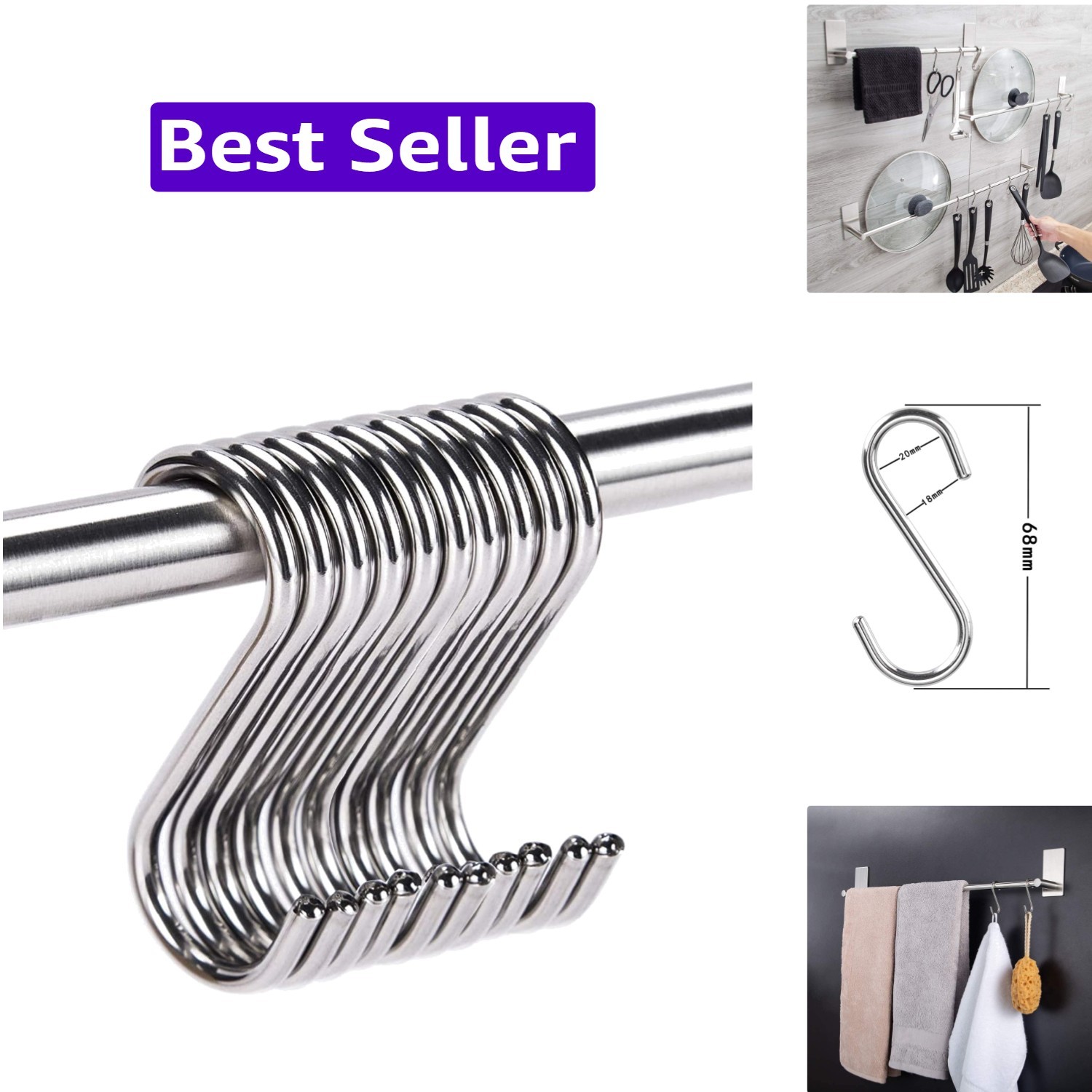 Stainless Steel S Hooks – Pack of 10, 3 Inches, 4mm Diameter, 50lbs Load Capa…