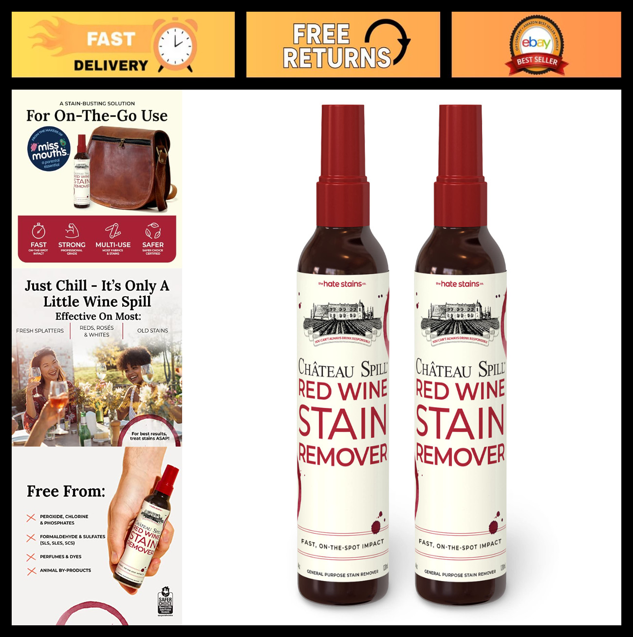 Wine Stain Remover Spray – Laundry & Carpet Cleaner – EPA Safer Choice – 4 Fl Oz