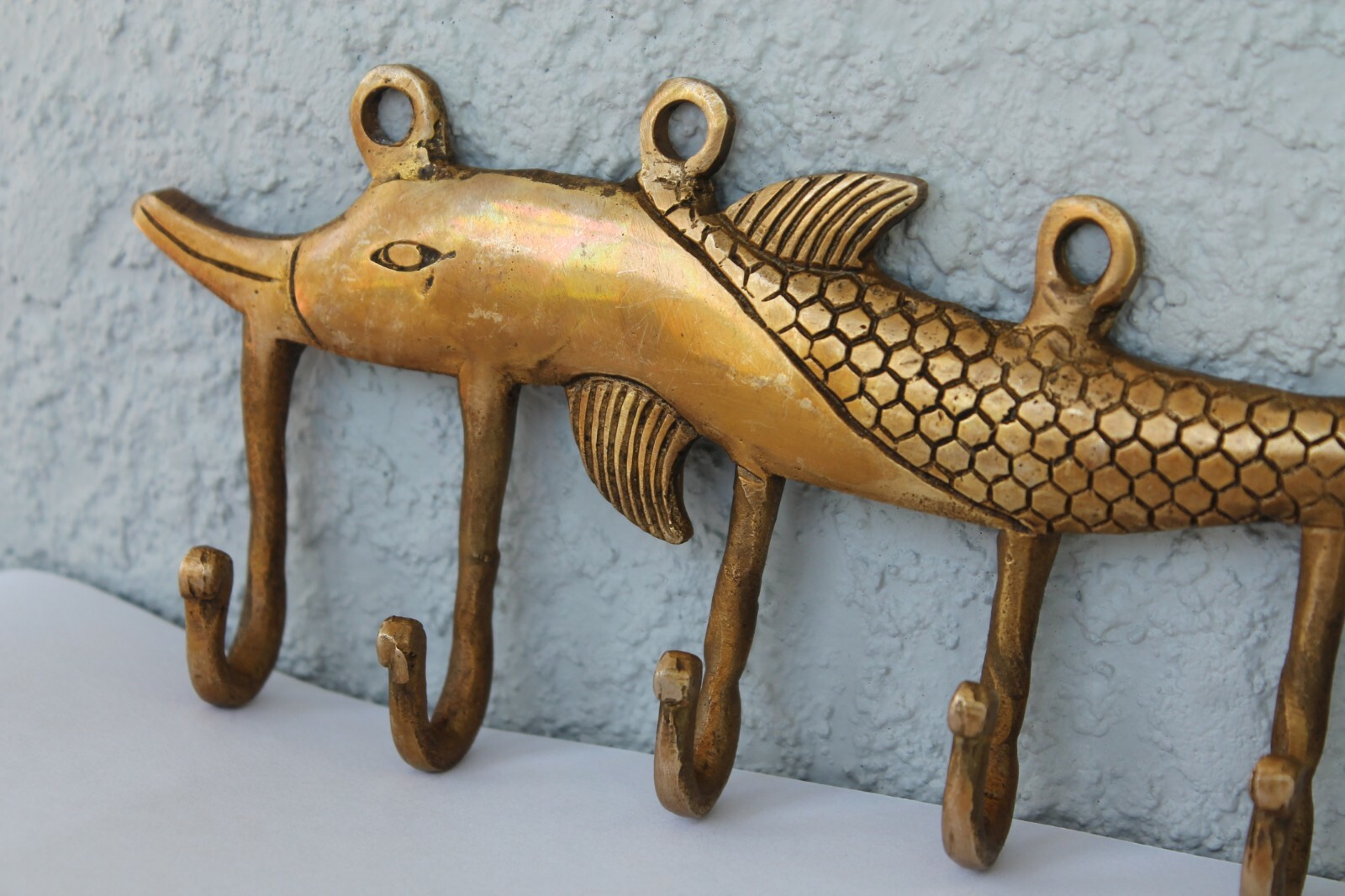 FISH Antique Hook vintage VTG mid century modern Bronze Brass wall coat keys