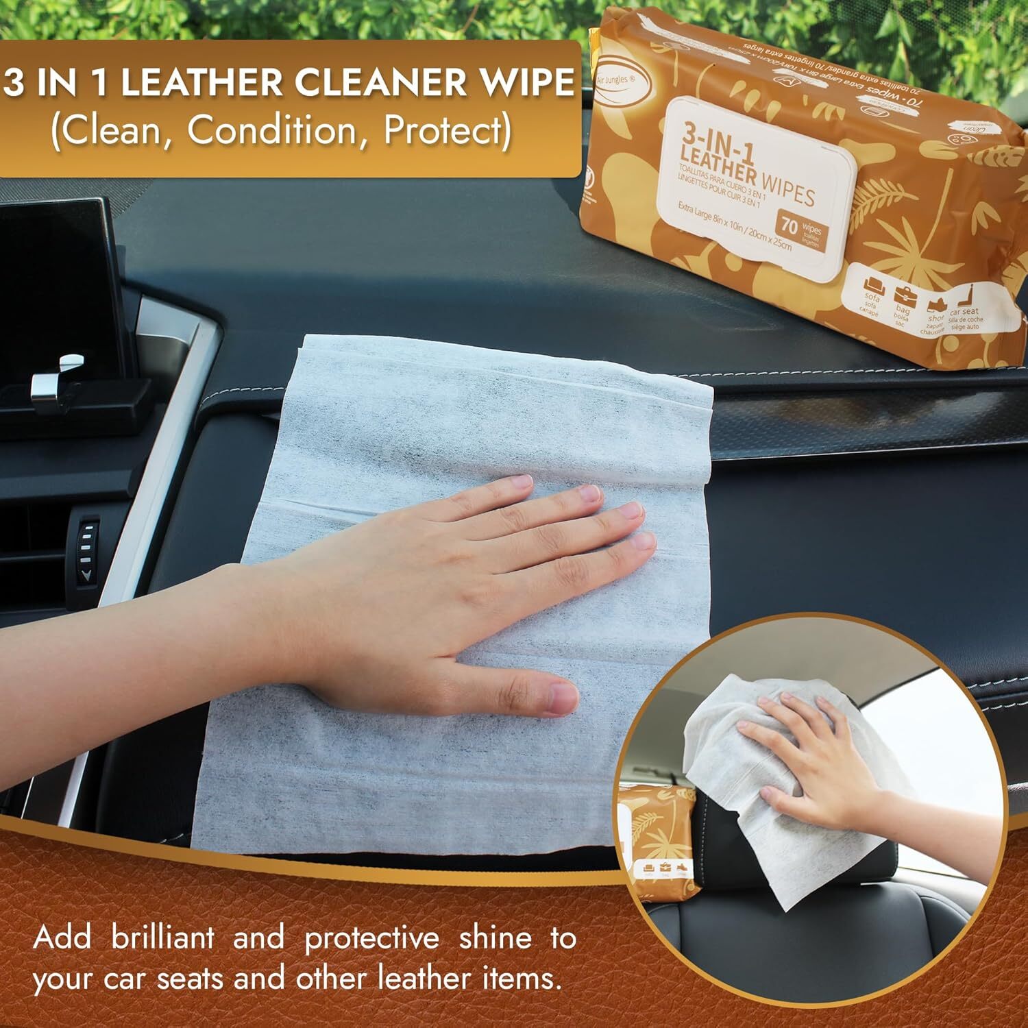 Air Jungles 3in1 Leather Cleaner Wipes 70 Count (Pack of 1)