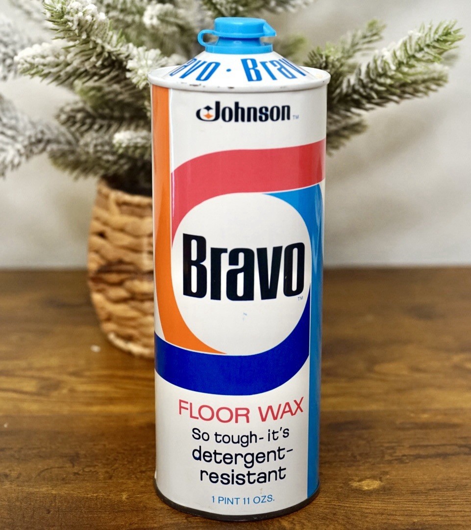 Vintage One Pint Johnson Bravo Floor Wax Metal Tin Can Large Size — Almost Full