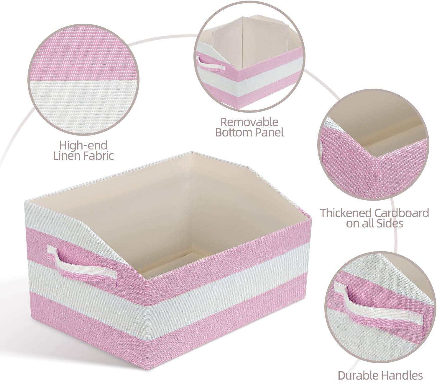 Trapezoid Fabric Storage Bins, 4 Pack, Pink/White, Collapsible with Handles