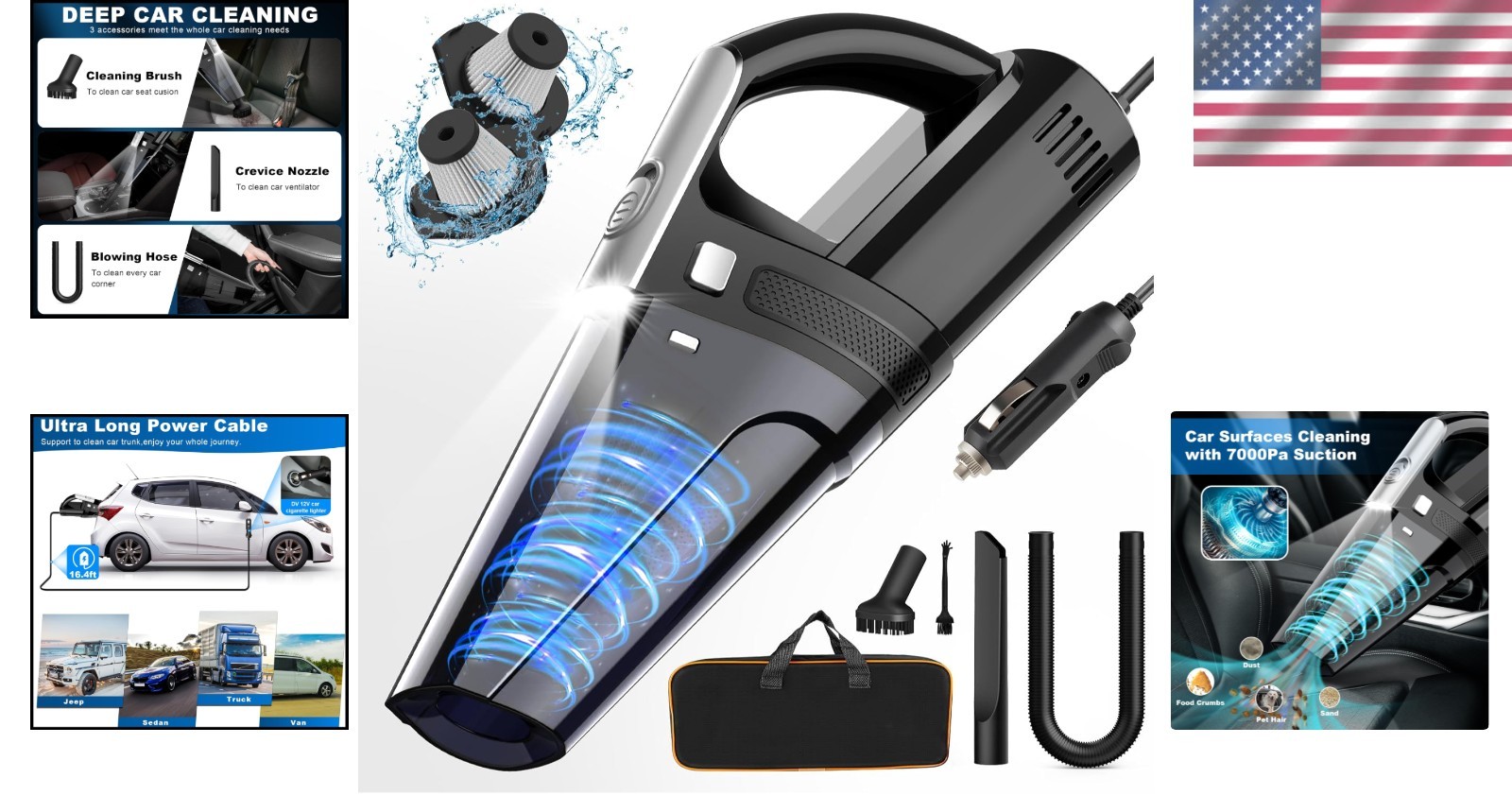 Lightweight Portable Car Vacuum with 7000PA Suction Power & Multi-Cleaning Tools