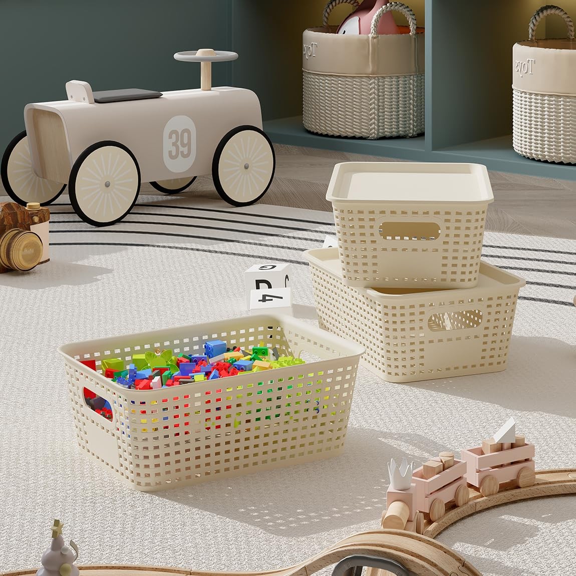 6 Pack Plastic Storage Baskets with Lids Stackable Organizer Bins White