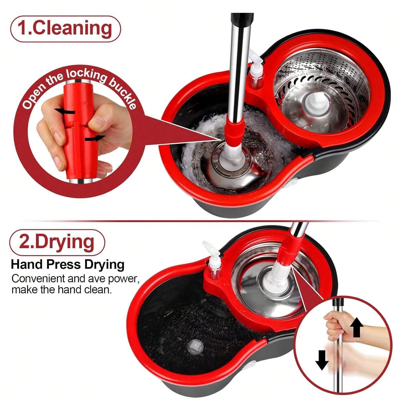 Spin Mop Bucket Wringer Set 3 Microfiber Heads 61 Stainless Steel Handle Black