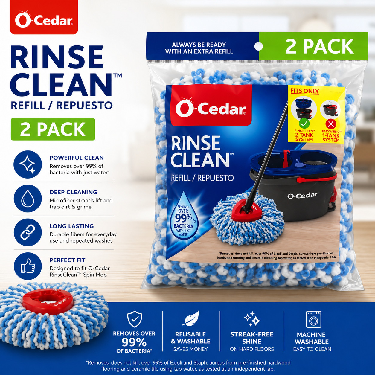 O-Cedar RinseClean Spin Mop Refill 2 Pack Replacement Heads EasyWring 2 Tank