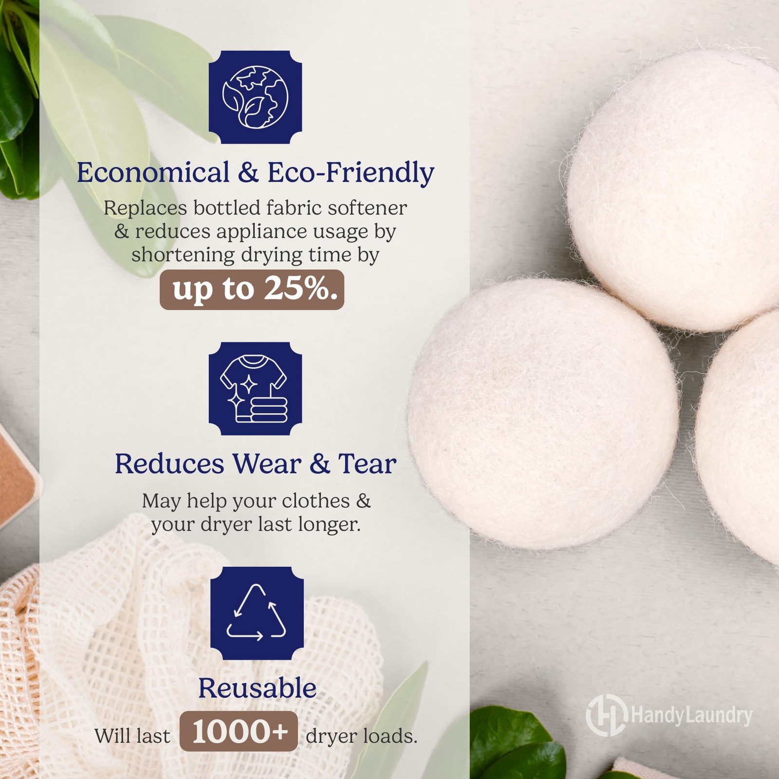 Handy Laundry Wool Dryer Balls – Natural Fabric 6 Count (Pack of 1),
