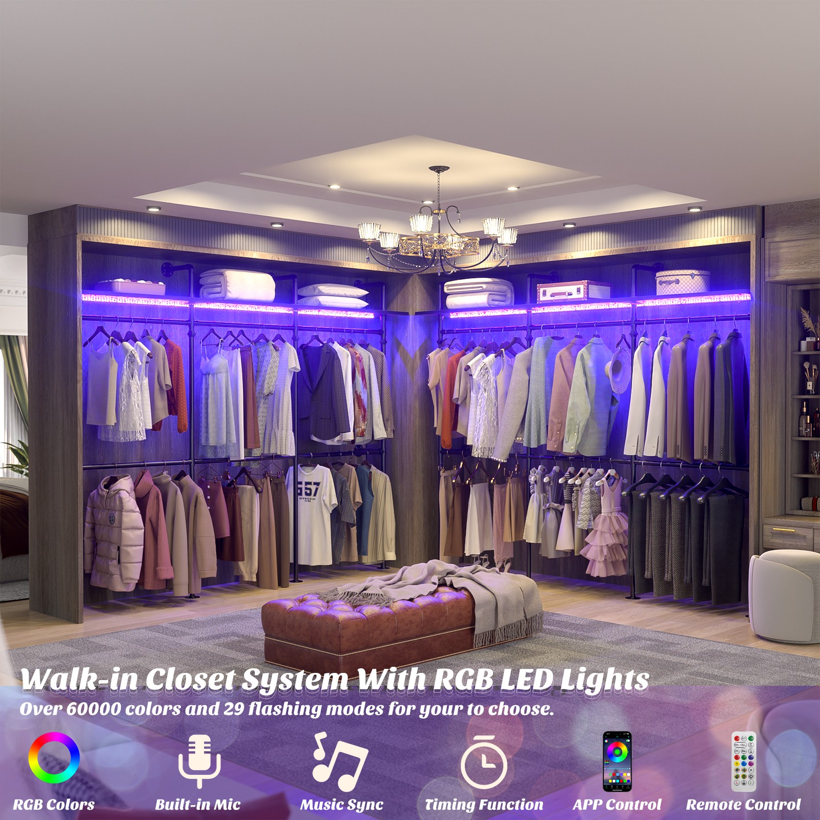 Open Box Wall Mounted Clothes Rack Industrial Pipe Closet System with LED Light