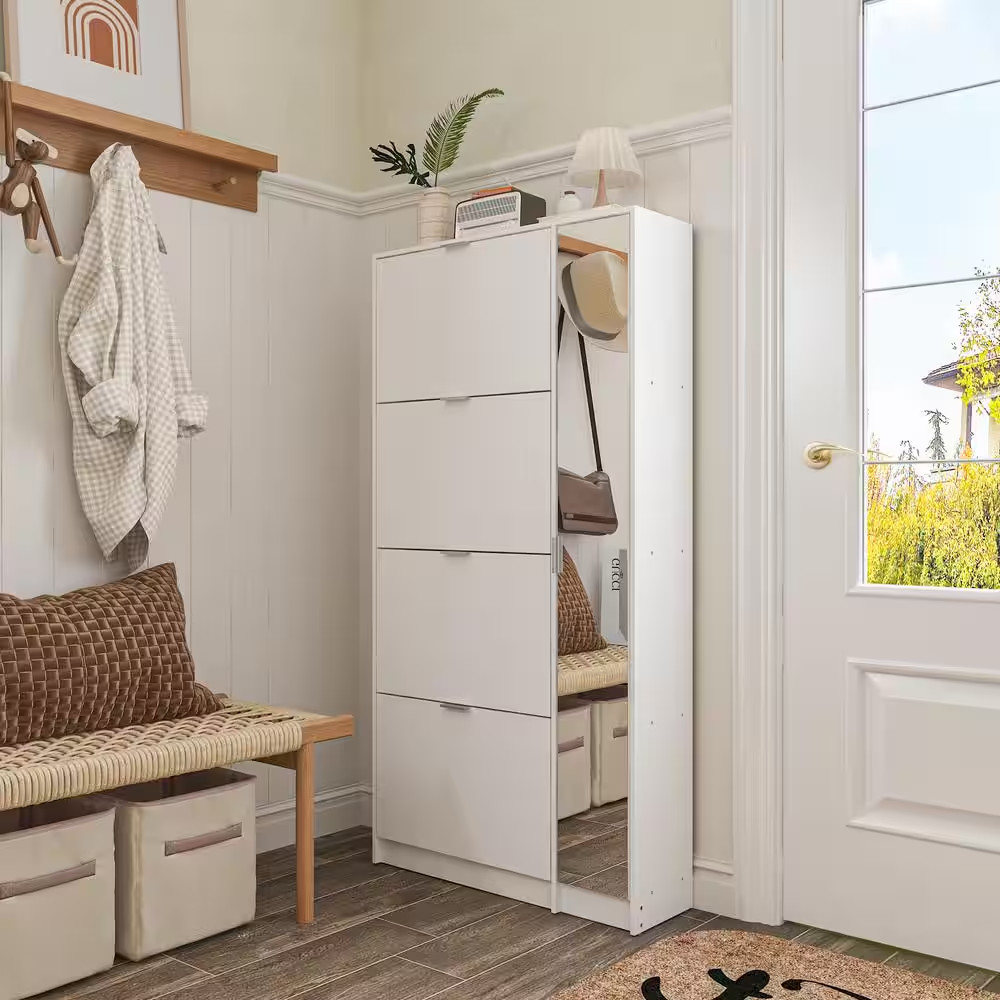 Wood Shoe Storage Cabinet with Mirrored Door Shoe Organizer, 4-Drawers for Entry