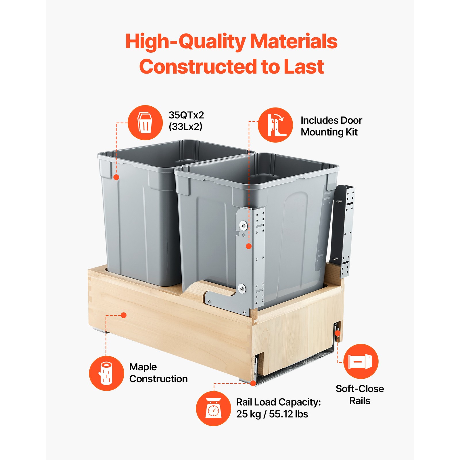 Double 35QTx2 Pullout Waste Container Under Cabinet Kitchen Bin Trash Can