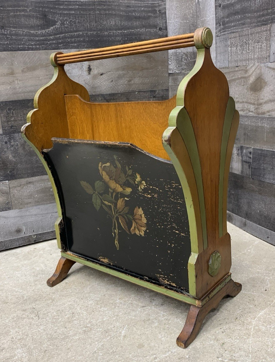 Vtg Art Nouveau Magazine Rack Florentine Footed Stand Wood Record Case Antique
