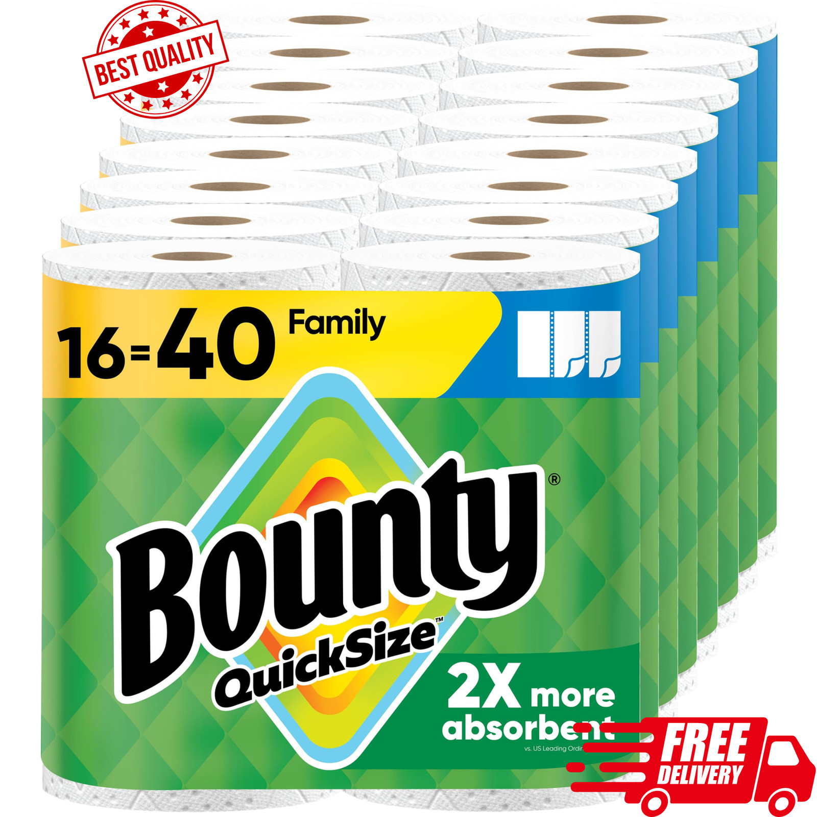 Bounty Paper Towels Quick Size, White, 16 Family Rolls = 40 Regular Rolls