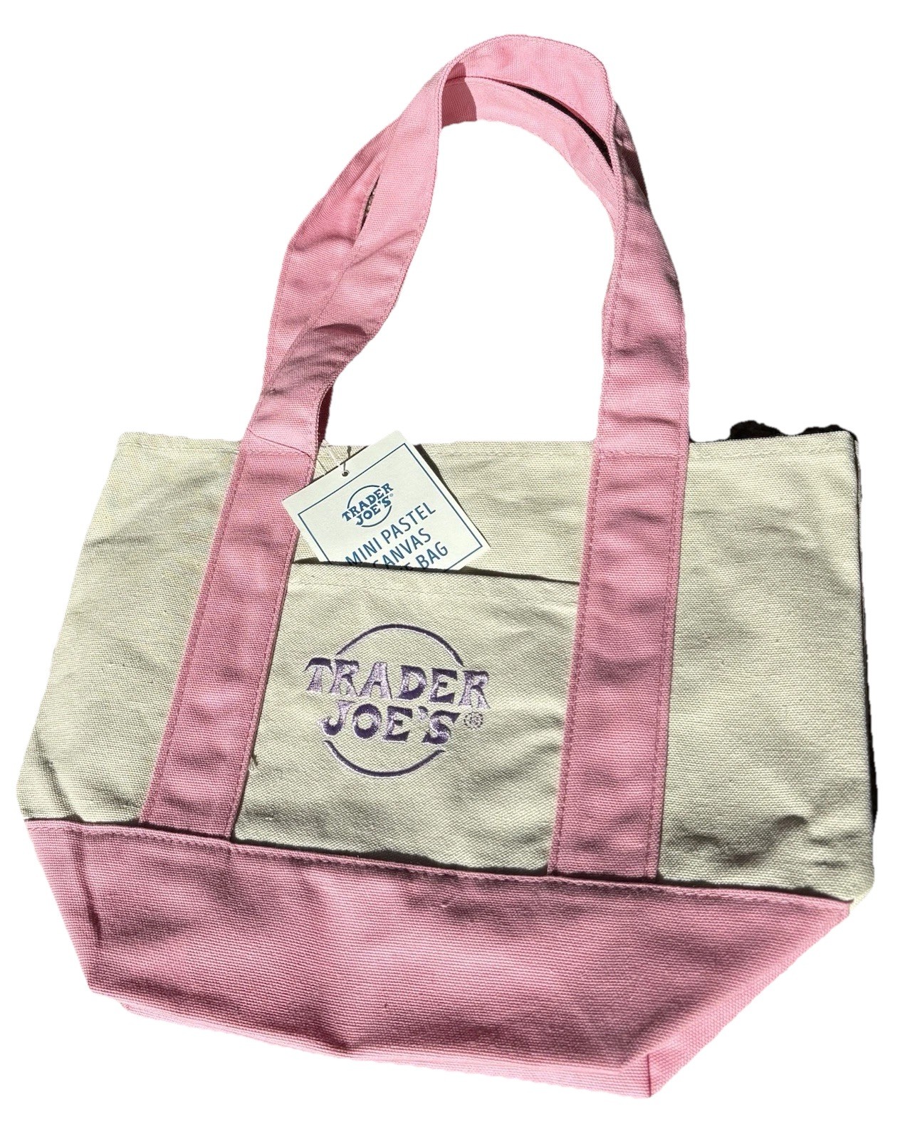 Trader Joe’s Mini Canvas Tote Bag Spring 2025 Pastel Pink NWT Purple Embroidery