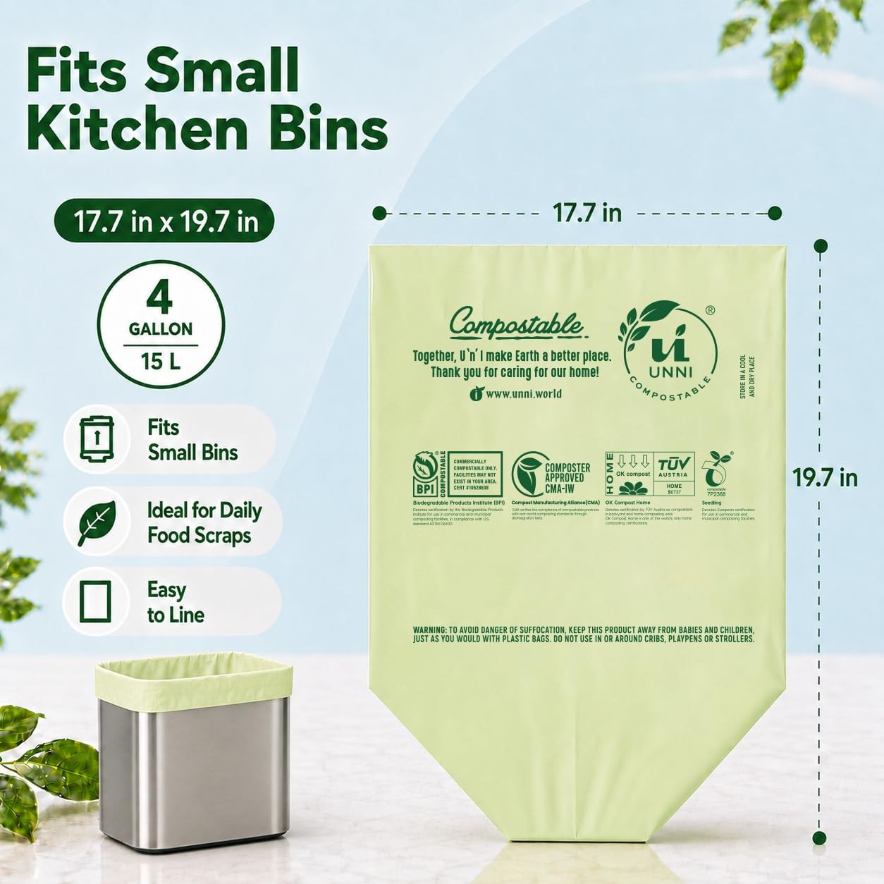 Compostable Trash Bags, 4 Gallon / 15 Liter, 100 Count, Extra Thick 0.75 mil Sma