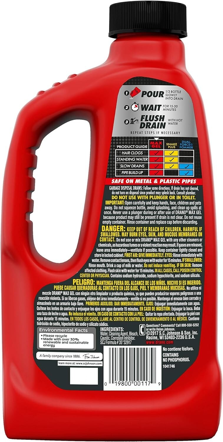 Drano Max Gel Drain Clog Remover, 32 oz – Unclogs Showers and Sinks.