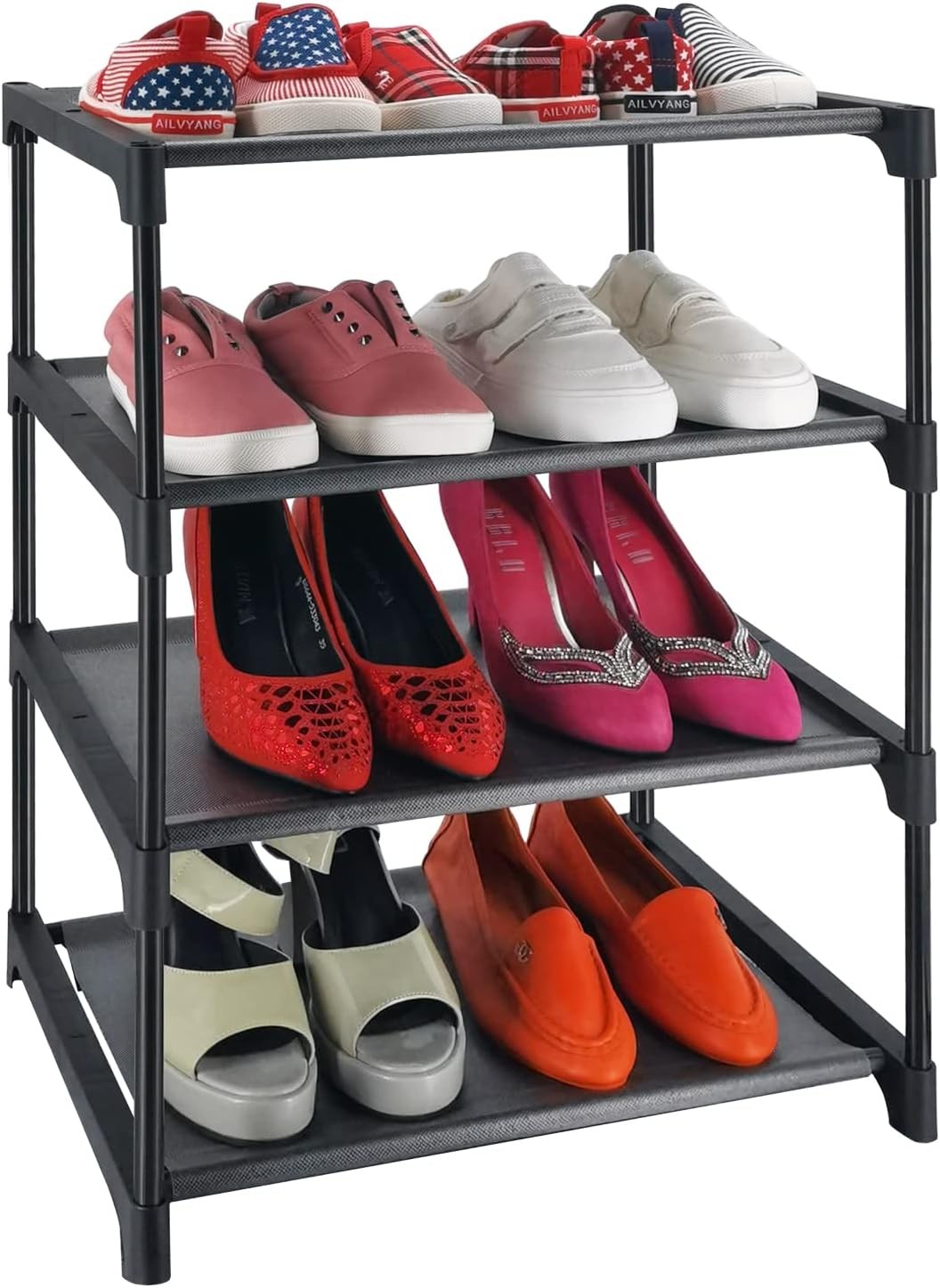 4 Tiers Small Shoe Rack,Narrow Stackable Shelf Organizer,Sturdy 4-tier