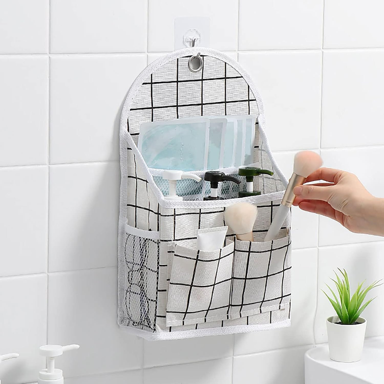 Wall Hanging Storage Bag, Black and White Checkered Linen Organizer Wall Mounted