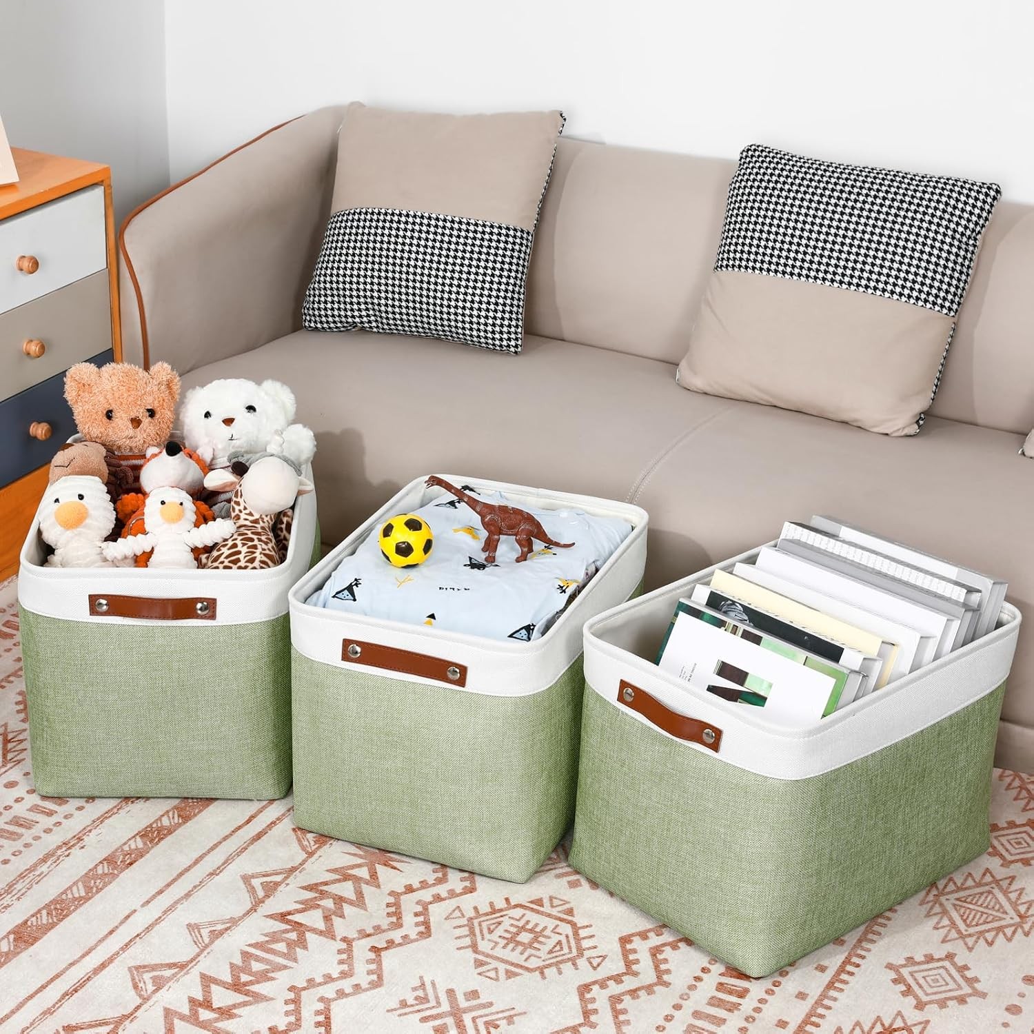 16-inch fabric storage basket, decorative storage box with leather handles,